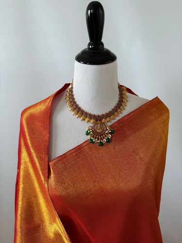 Borderless Metallic Red Kanchipuram/Kanchivaram Pure Silk Saree | Gold Zari | Handwoven | Ships from California